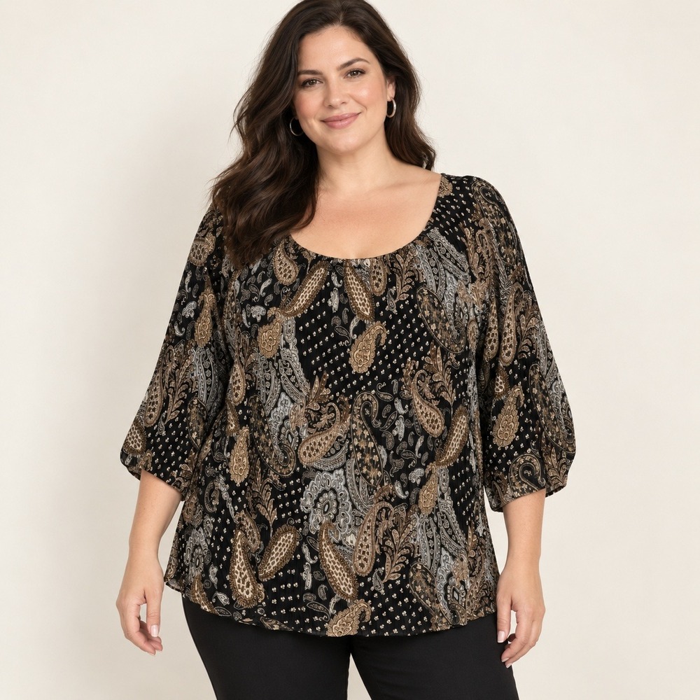 Essentials by Milano Blouse XL Black Paisley Pleated 3/4 Sleeve Boho Artsy Top